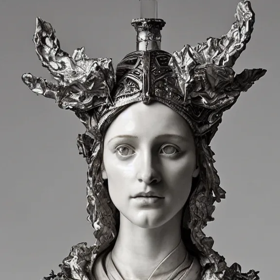Prompt: a white art nouveau marble and silver sculptural bust of alicia vikander as joan of arc, wearing plate armor, delicate, intricate, smooth, beautiful, by charles van der stappen