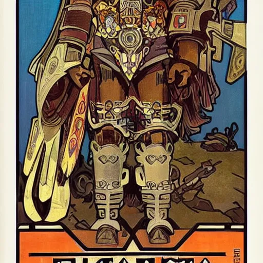 Image similar to aztec power armor, by alphonse mucha