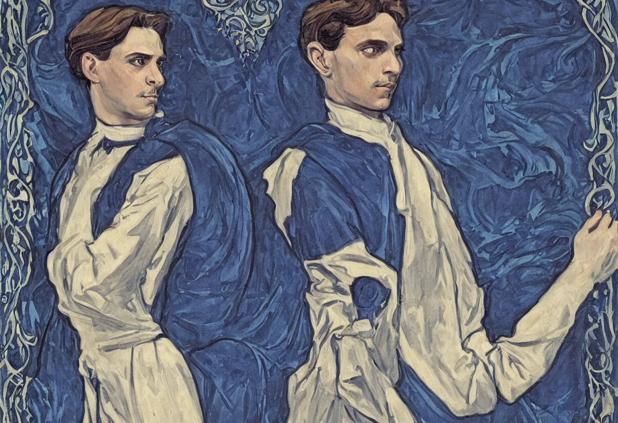 Image similar to art nouveau portrait of paul atreides with glowing blue eyes