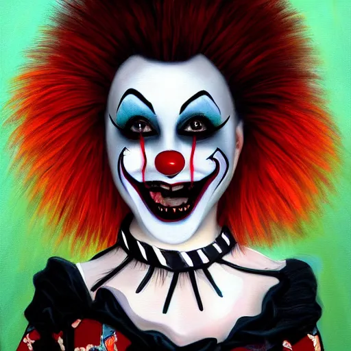 Image similar to goth clown girl, painting, highly detailed