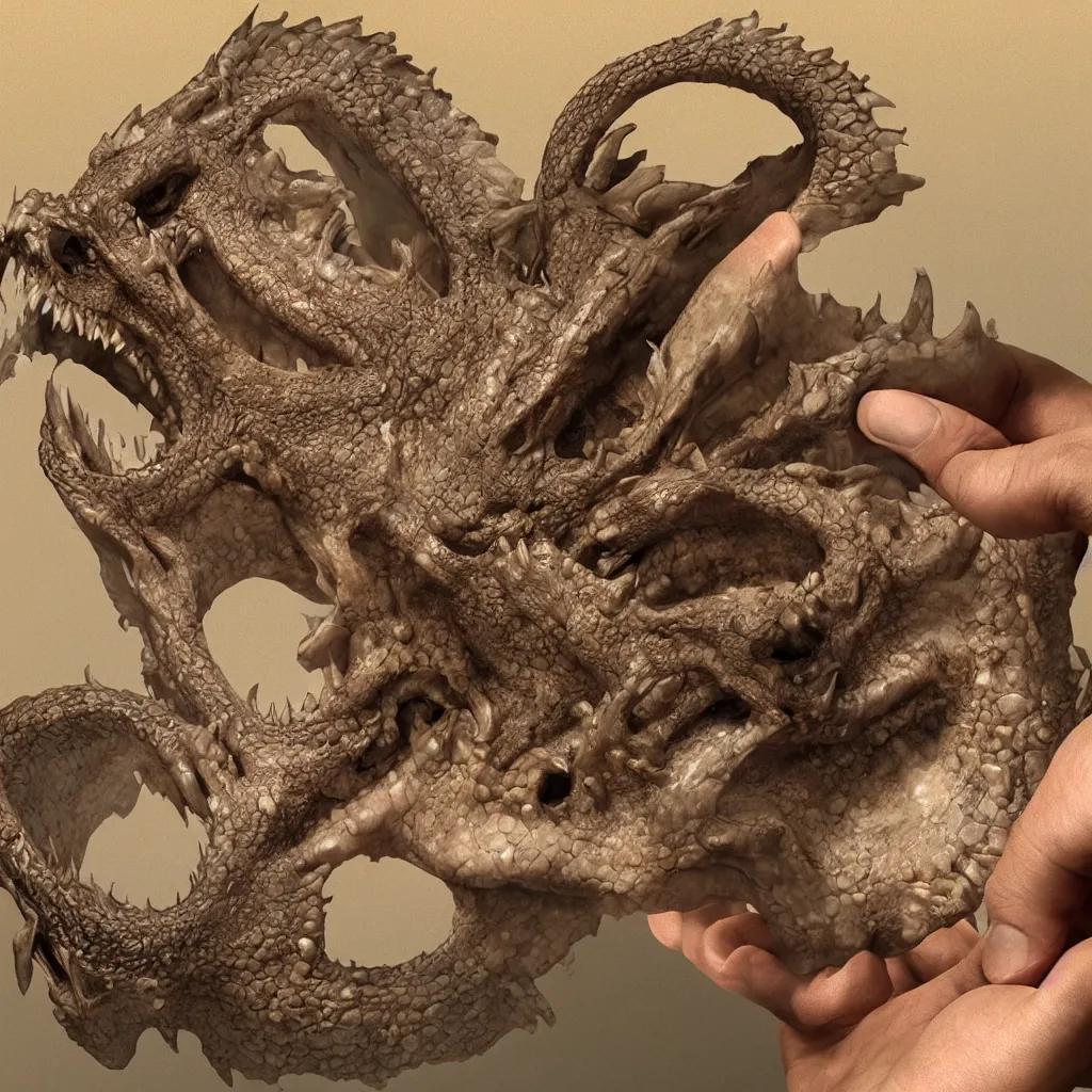 Image similar to scientist hands holding the fossilized remains of a dragon skull. zbrush, extremely detailed