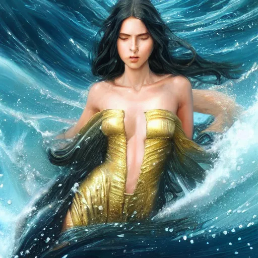 Image similar to beautiful portrait of a mystical long black haired goddess of the sea wearing long blue gold water robes rising up from the deep blue waves, oil painting by Greg Rutkowski and Charlie Bowater and Artgerm, unreal 5, DAZ, beautiful RPG Portrait, trending on artstation, dynamic lighting, misty, ocean, blue theme, afternoon light