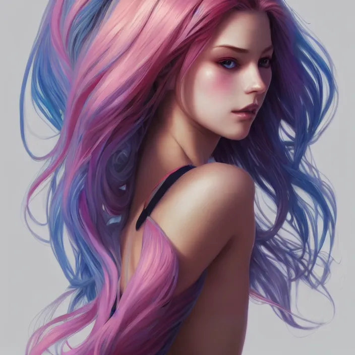 Image similar to full body portrait, a beautiful symmetrical gorgeous anime girl, rainbow hair, attractive, casual, modern, victoria's secret, highly detailed, digital painting, artstation, concept art, smooth, sharp focus, illustration, art by artgerm, greg rutkowski and alphonse mucha, 8 k,