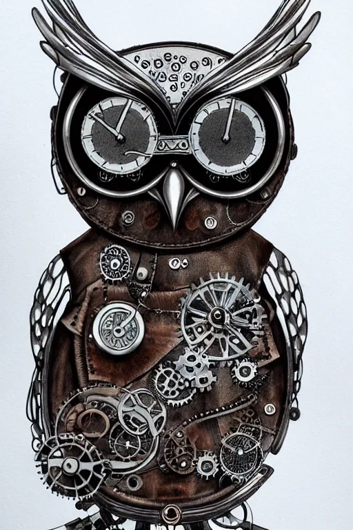 drawing of an mechanical owl, steampunk style, she is