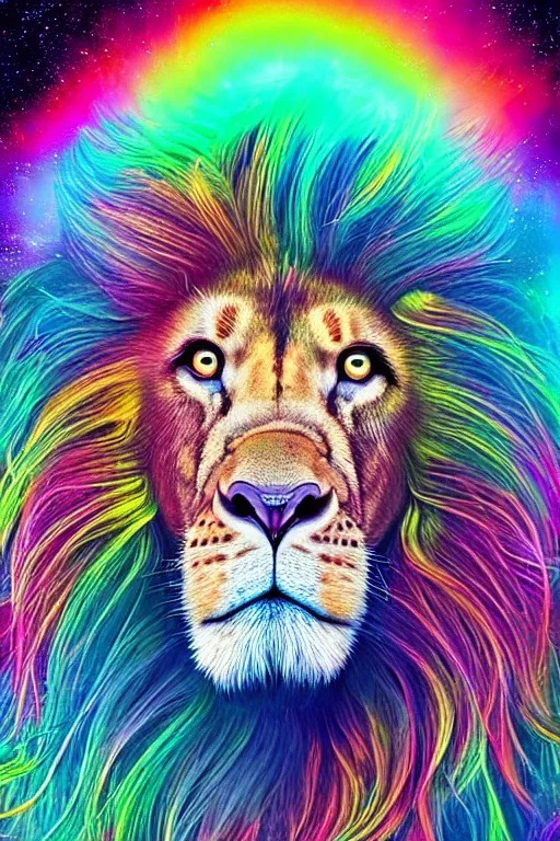 Image similar to a very high ultrarealistic hyper detailed photo of an psychedelic futuristic lion humanoid with dreadlocks in the cosmos