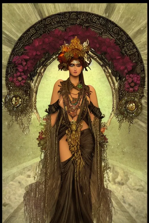 Prompt: a realistic dark photo of a miss of the world as an ancient goddess in jewelery and fractals in style of alphonse mucha art nuvo dmt trending on artstation made in unreal engine 4