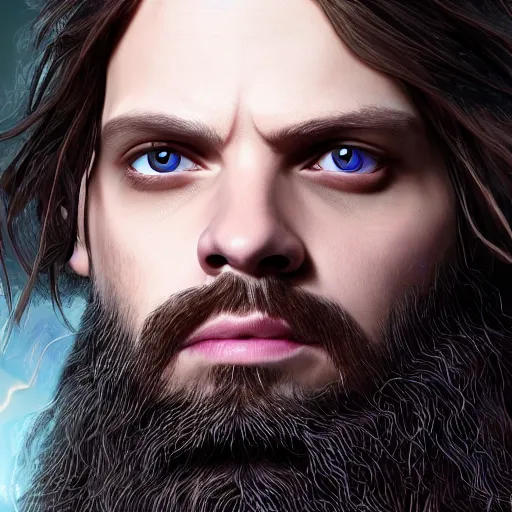 Image similar to a digital art close up portrait of pale sebastian stan as ancient druid mage from warhammer, old nature mage with long beard character sheet, 4 k, ultra detail, volumetric lighting, unreal engine, octane render