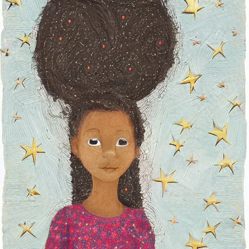 Prompt: blocks by loretta lux, by jack whitten. land art. a beautiful illustration of a young girl with long flowing hair, looking up at the stars. she appears to be dreaming or lost in thought.