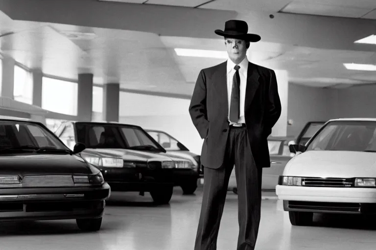 Image similar to cinematic still of portly clean-shaven white man wearing suit and necktie and boater hat at car dealership in 1994 film, XF IQ4, f/1.4, ISO 200, 1/160s, 8K, RAW, dramatic lighting, symmetrical balance, in-frame