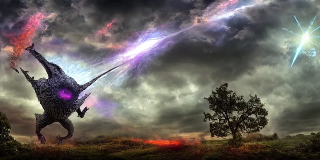 Image similar to award winning Cacodemon over a hdri sky with intricated spells and stormcloud glimpses of flares and beams airbrush tones