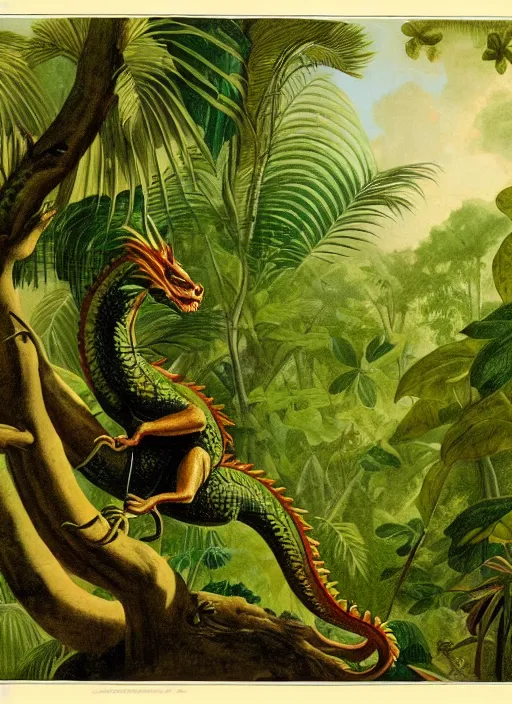 Image similar to vintage dragon in a tropical forest, john james audubon