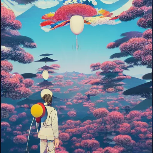 Image similar to a man walking on clouds away from the camera above kyoto by takashi murakami, beeple and james jean, aya takano color style, 4 k, super detailed, modern, 4 k, symmetrical