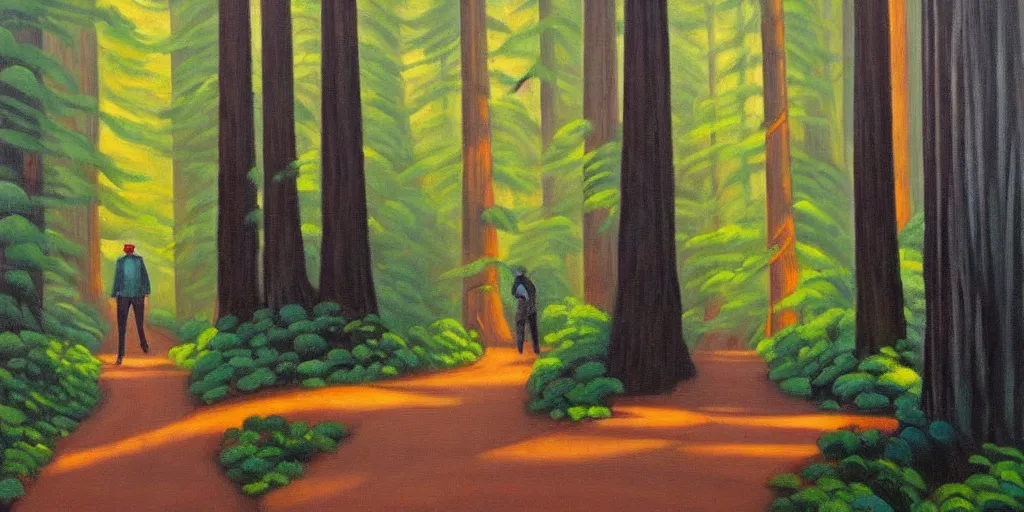 Prompt: a stunning wpa style painting of a man walking down a path in a redwood forest, award winning art