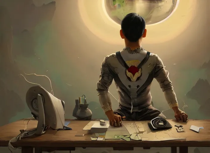 Image similar to an insanely detailed painting of an asian man wearing a homemade superhero costume, sitting at a desk, staring seriously at the computer and typing, in the style of peter mohrbacher, james jean, rutkowski, dramatic lighting and composition, surreal background, octane render, pixar, trending on artstation, concept art, comic book, view from behind, 8 k