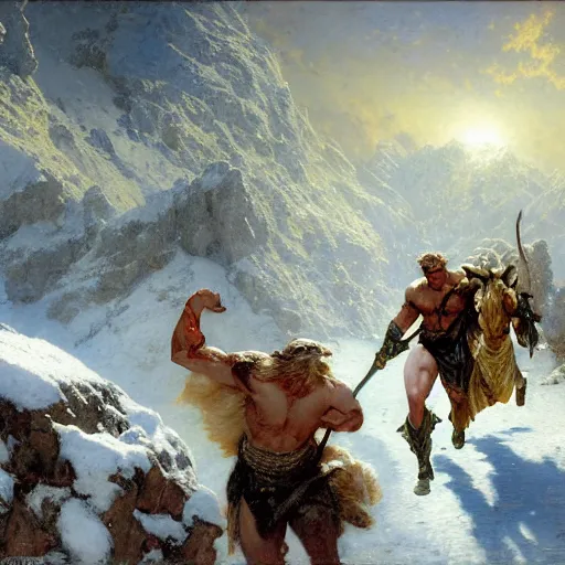 Prompt: zeus and ares have a footrace through the mountain pass, icy and snowy surroundings matte painting gaston bussiere, craig mullins, j. c. leyendecker