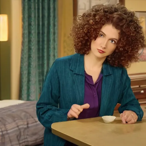 Image similar to A still of a character in a Sitcom TV Show that is taking place in a 90's hotel, curly hair, 4k, nostalgic lighting