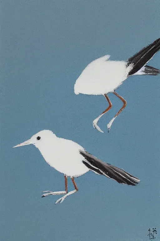 Image similar to A small, delicate bird with pale blue plumage and long, skinny legs. It is hopping on the ground, searching for food. The background is a beautiful blue sky on a autumn day. meticulous painting, by xue ji, bian luan