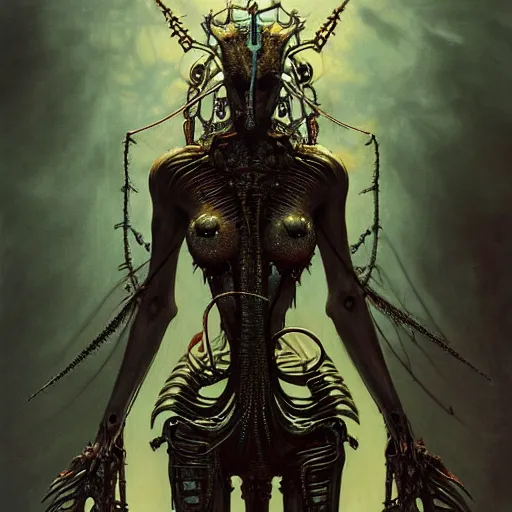 Image similar to a portrait of a beautiful biomechanical queen of the damned, sci-fi concept art by giger and beksinski and szukalski and wlop and pete mohrbacher, digital art, highly detailed, intricate, horror, sharp focus, Trending on Artstation HQ, deviantart, unreal engine 5, 4K UHD image