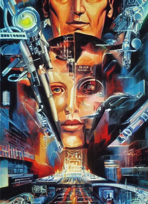 Image similar to 1 9 8 3 movie poster for neuromancer. oil on canvas by john alvin, drew strusan.