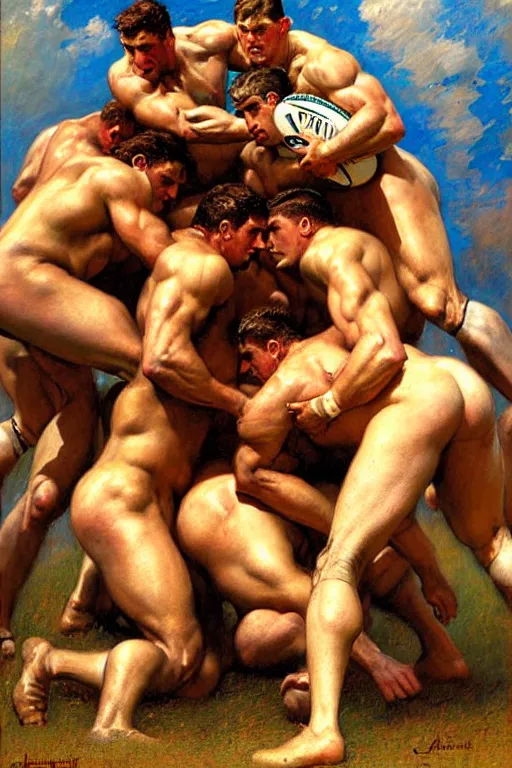 Image similar to muscular rugby players in a scrum painting by gaston bussiere, craig mullins, j. c. leyendecker, tom of finland