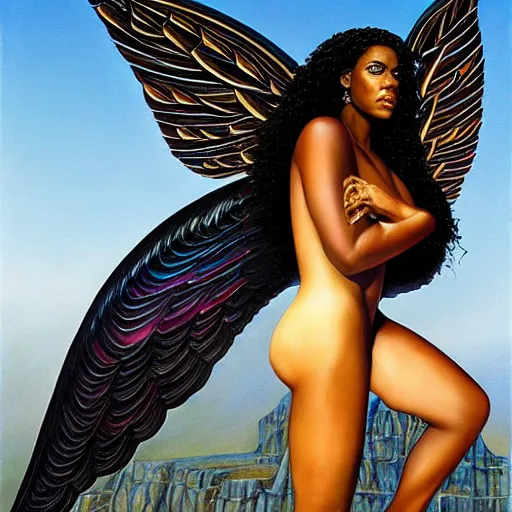 Prompt: isis depicted as a black woman with large iridescent wings in front of a crystal pyramid by Aliza Razell, chris leib, and thomas blackshear, oil on canvaa