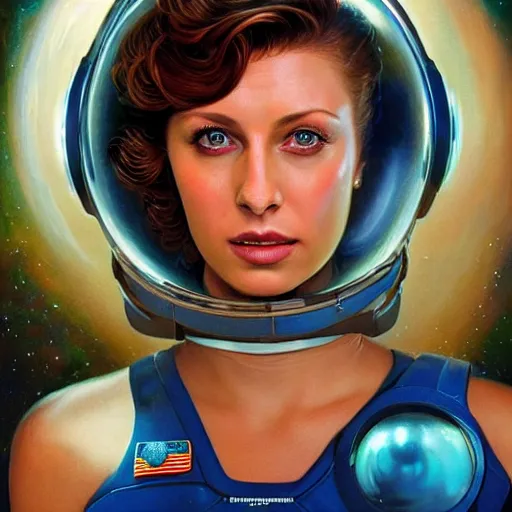 Image similar to Aly Michalka as a stunning , beautiful retro SCI-FI space heroine 1985 , movie poster, intricate, elegant, highly detailed, centered, digital painting, trending on artstation, concept art, smooth, sharp focus, illustration, art by artgerm and donato giancola and Joseph Christian Leyendecker, Ross Tran, WLOP