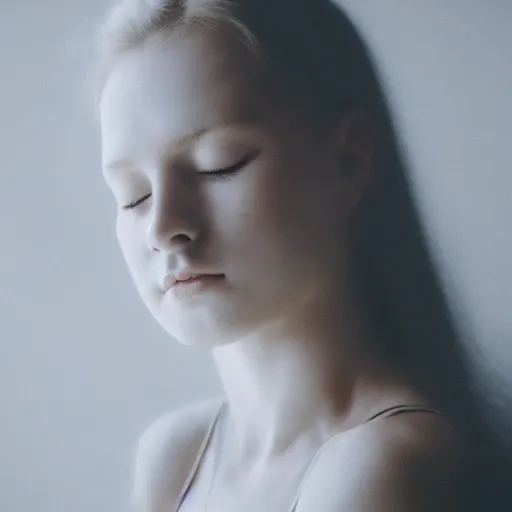 Image similar to photorealistic portrait of a beautiful young woman, very blurry, out of focus, translucent stone white skin, closed eyes, foggy, closeup