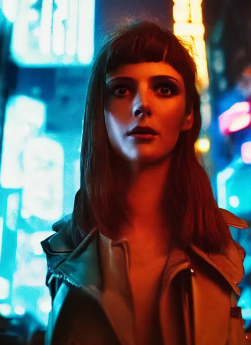 Image similar to A hyper realistic and detailed head portrait photography of a Rachael of Blade Runner on a futuristic street. by David Dubnitskiy. Neo noir style. Cinematic. neon lights glow in the background. Cinestill 800T film. Lens flare. Helios 44m