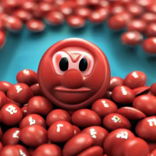 Prompt: photo of the red m & m character with the face of borat