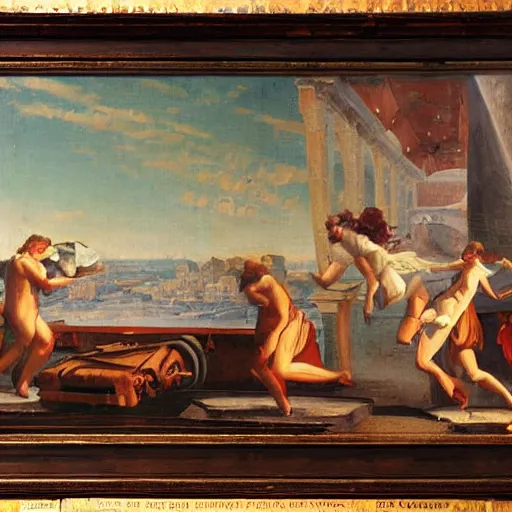 Prompt: Ancient roman flight machine, oil painting
