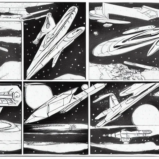 Prompt: sketches of fighting spaceship where other spaceship can land on, full page, technical, detailed