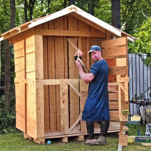 Prompt: man in a dress builds a wooden shed out of pallets diy tools nikon dslr detailed