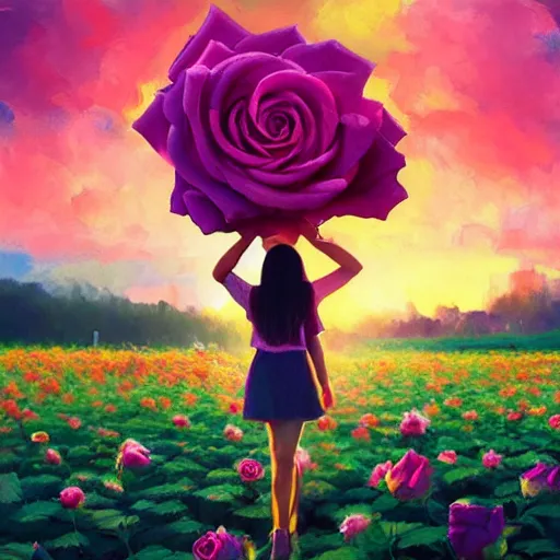 Image similar to large rose in front of face, girl frontal in a flower field, surreal photography, sunrise dramatic light, impressionist painting, colorful clouds, digital painting, artstation, simon stalenhag