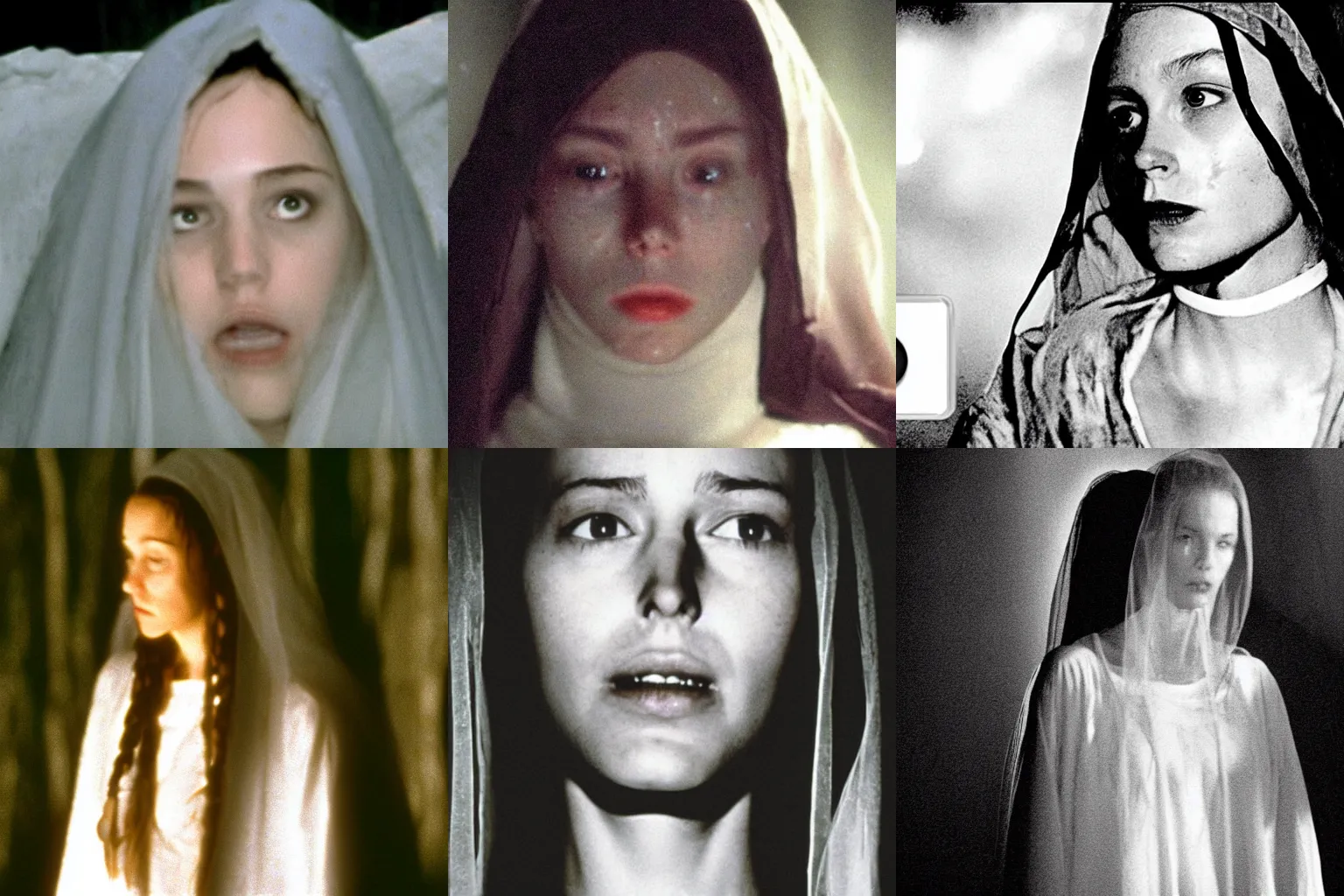 Prompt: A beautiful woman in white, in the dark at midnight, the movie The Blair Witch Project.