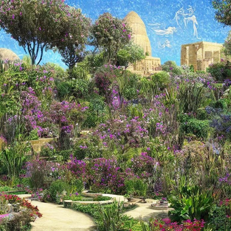 Prompt: babylon gardens, outside view, fantastical, award winning. digital art, babylonian gardens, clear day