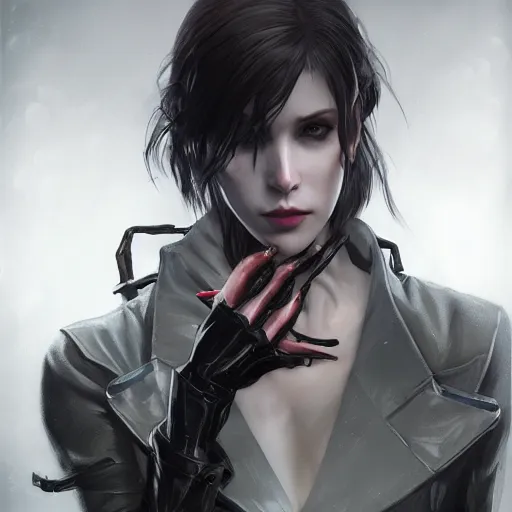 Prompt: female vampire in metal gear solid and death stranding, heavy rain, wind, thunder, reflections, deep focus, d & d, fantasy, intricate, elegant, highly detailed, digital painting, artstation, concept art, matte, sharp focus, illustration, hearthstone, art by artgerm and greg rutkowski and alphonse mucha