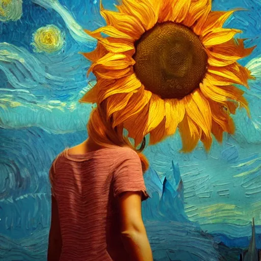 Image similar to closeup, giant sunflower head, woman standing in a room, surreal, dramatic light, impressionist painting, digital painting, artstation, van gogh