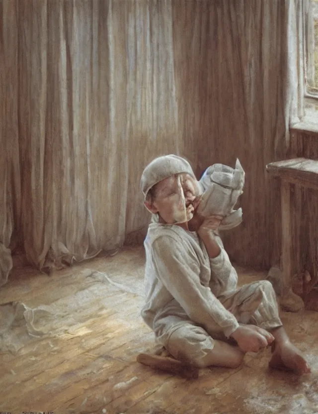Image similar to peasant boy crying in country house, cottage core, cinematic focus, polaroid photo bleached vintage pastel colors high - key lighting, soft lights, foggy, by steve hanks, by lisa yuskavage, by serov valentin, by tarkovsky, detailed, oil on canvas
