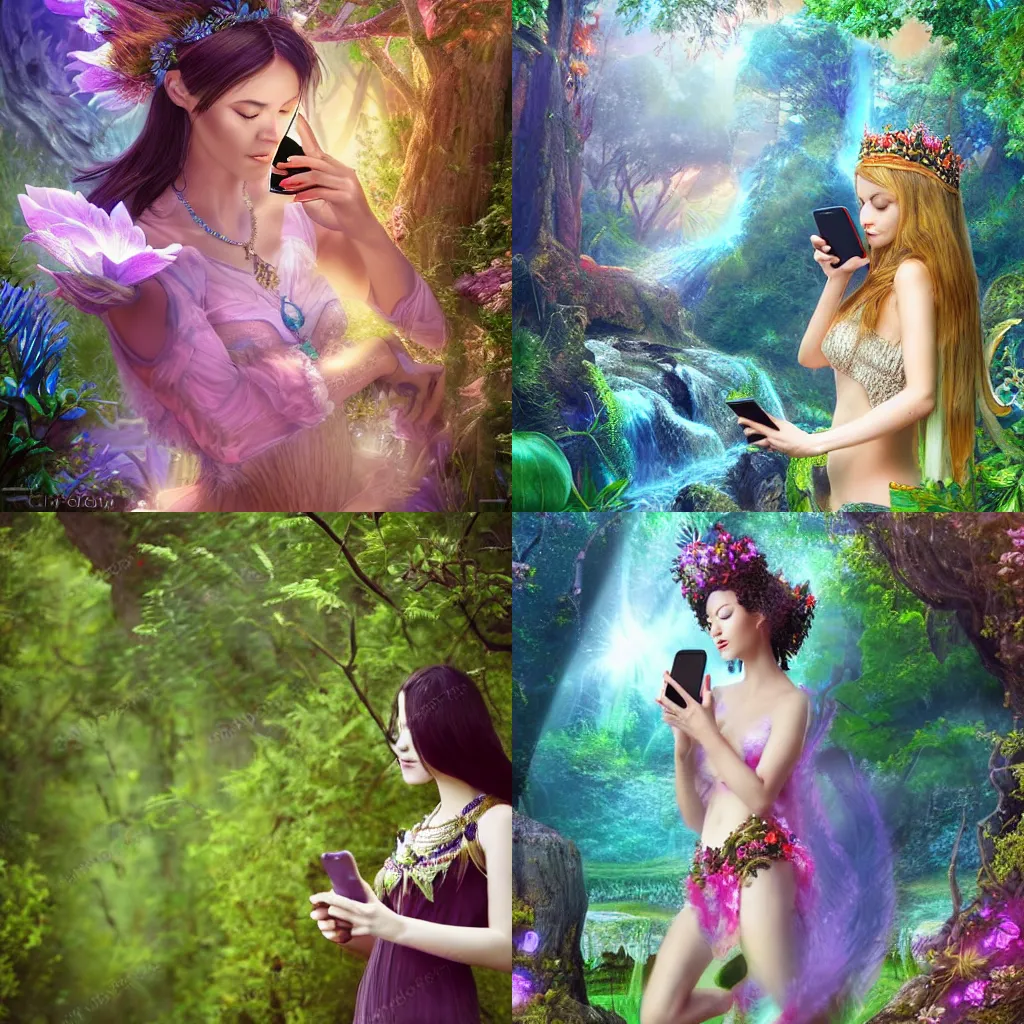 Prompt: fantasy nature goddess checking her phone