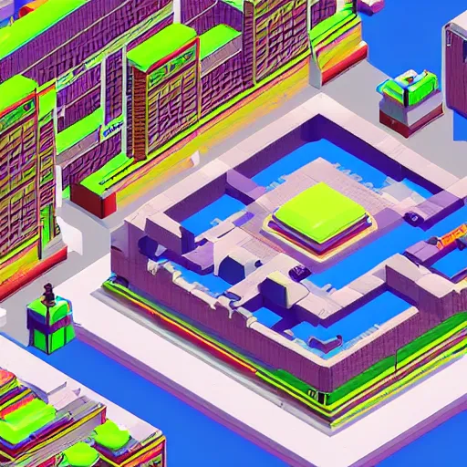 Image similar to an isometric futuristic city in a videogame, ps 1 graphics, polygons, last gen, blocky, retro