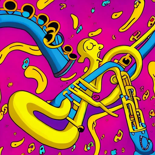 Image similar to Lisa Simpson falling into a giant saxophone, psychedelic art, uhd, matte painting