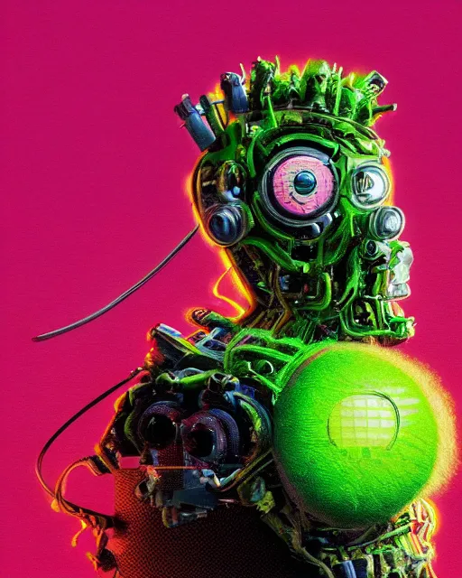 Image similar to portrait of Tennis Ball Monster as a cyborg. intricate abstract. intricate artwork. by Tooth Wu, wlop, beeple, dan mumford. mulholland drive by david lynch, dune by david lynch, octane render, trending on artstation, greg rutkowski very coherent symmetrical artwork. cinematic, hyper realism, high detail, octane render, 8k, iridescent accents