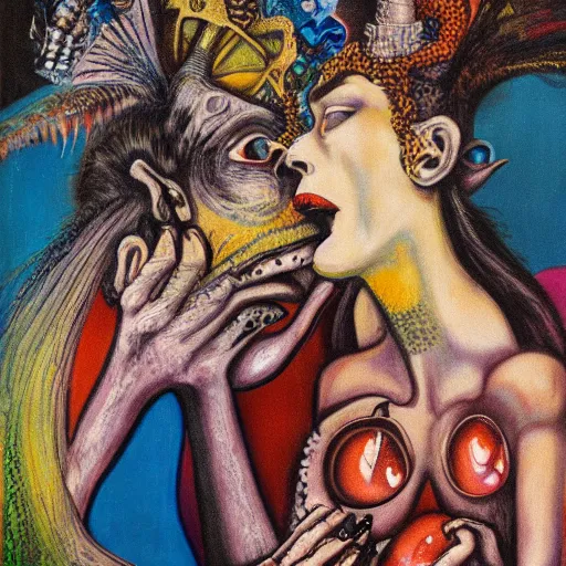 Image similar to acrylic painting by otto dix of a closeup of bizarre psychedelic femme creatures kissing each other, speculative evolution, exobiology