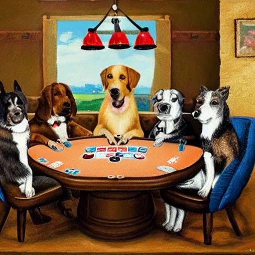 Prompt: dogs playing poker.