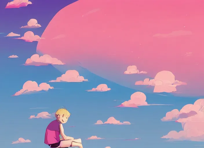 Image similar to a little boy with blonde hair sitting on a cloud in front of a pink and blue sunrise sky. clean cel shaded vector art. shutterstock. behance hd by lois van baarle, artgerm, helen huang, by makoto shinkai and ilya kuvshinov, rossdraws, illustration, art by ilya kuvshinov