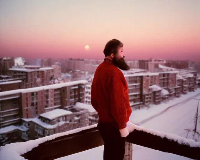 Prompt: lomo photo of 4 0 years russian man with beard and sweater standing on small hrushevka 9 th floor balcony full with cigarette smoke in winter taiga looking at sunset, cinestill, bokeh