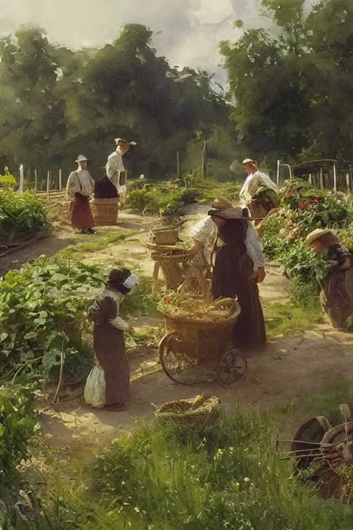 Image similar to simple amish farmers tending to their cottage vegetable gardens, art by anders zorn, wonderful masterpiece by greg rutkowski, beautiful cinematic light, american romanticism thomas lawrence, greg rutkowski