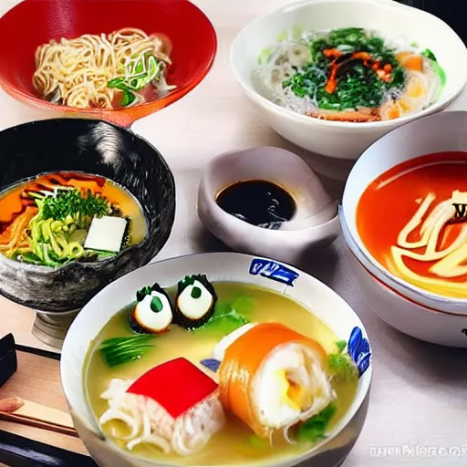 Image similar to hayao miyazaki studio ghibli ramen and sushi cooking anime