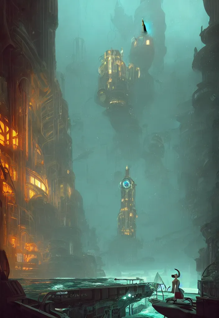 Image similar to a concept art painting of art deco bioshock style underwater city with a woman with back to camera looking out of a window by tuomas korpi, pablo carpio, gilles beloeil, cedric peyravernay, 1 9 6 0's, trending on artstation, highly detailed, atmospheric, directional lighting, cinematic