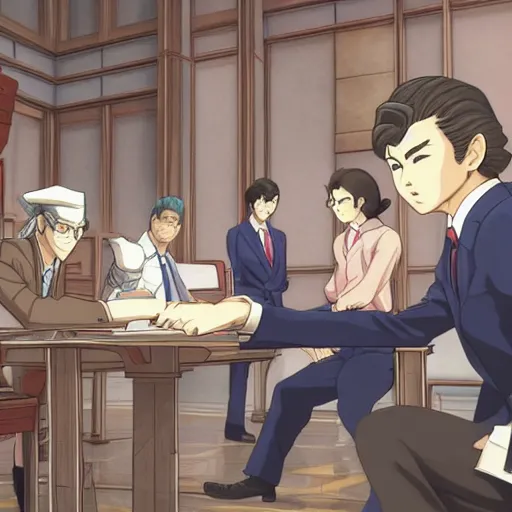 Prompt: phoenix wright objecting on the supreme court, by hayao miyazaki and yusuke murata and makoto shinkai and ross tran, intricate detail, cinematic, 8 k, cel shaded, unreal engine, featured on artstation, pixiv